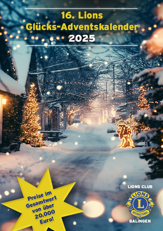 Das Motiv des Lions Adventskalenders im Jahre 2025. Es zeigt eine Dorfstraße mit Häusern am Rand bei Abendhimmel im Schnee.